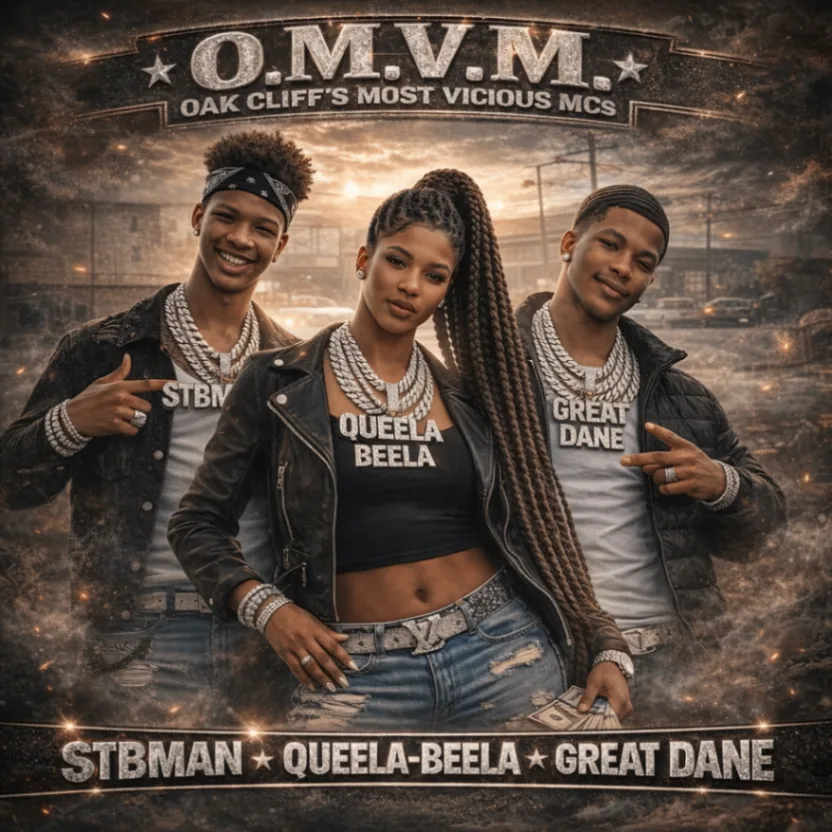 THE STANDARD SAGA: VOL. 1 album cover showing STBMAN STBERNARD, QUEELA-BEELA, and GREAT DANE in Oak Cliff streetwear.