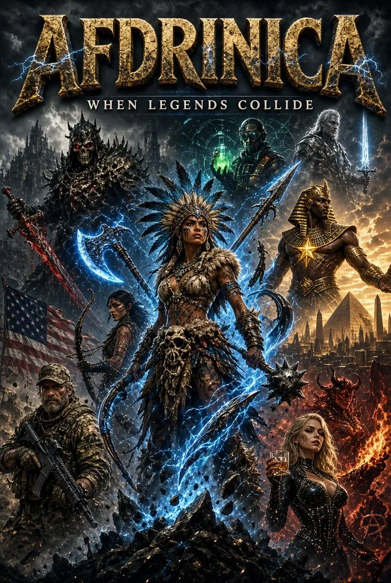 AFDRINICA poster showing armored fantasy heroes and creatures gathered beneath a stormy sky.