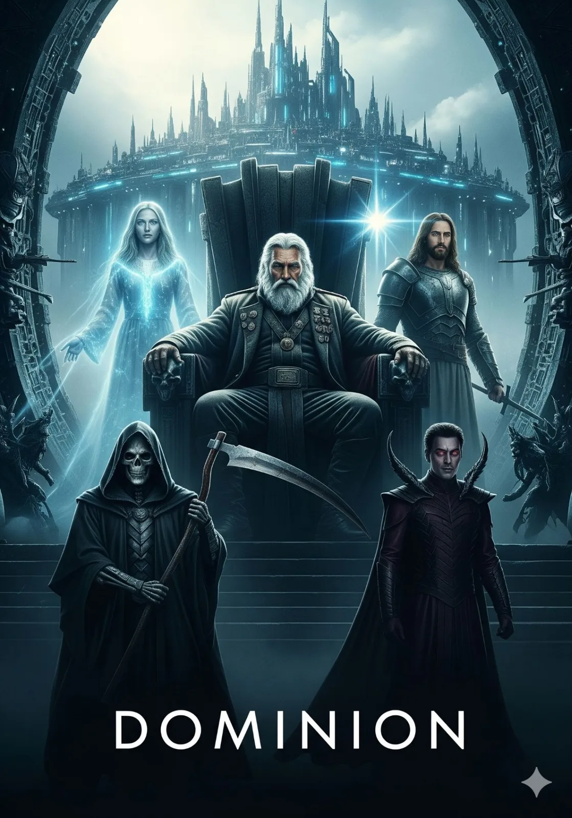 Dominion poster showing a fantasy ruler and companions before a luminous castle.