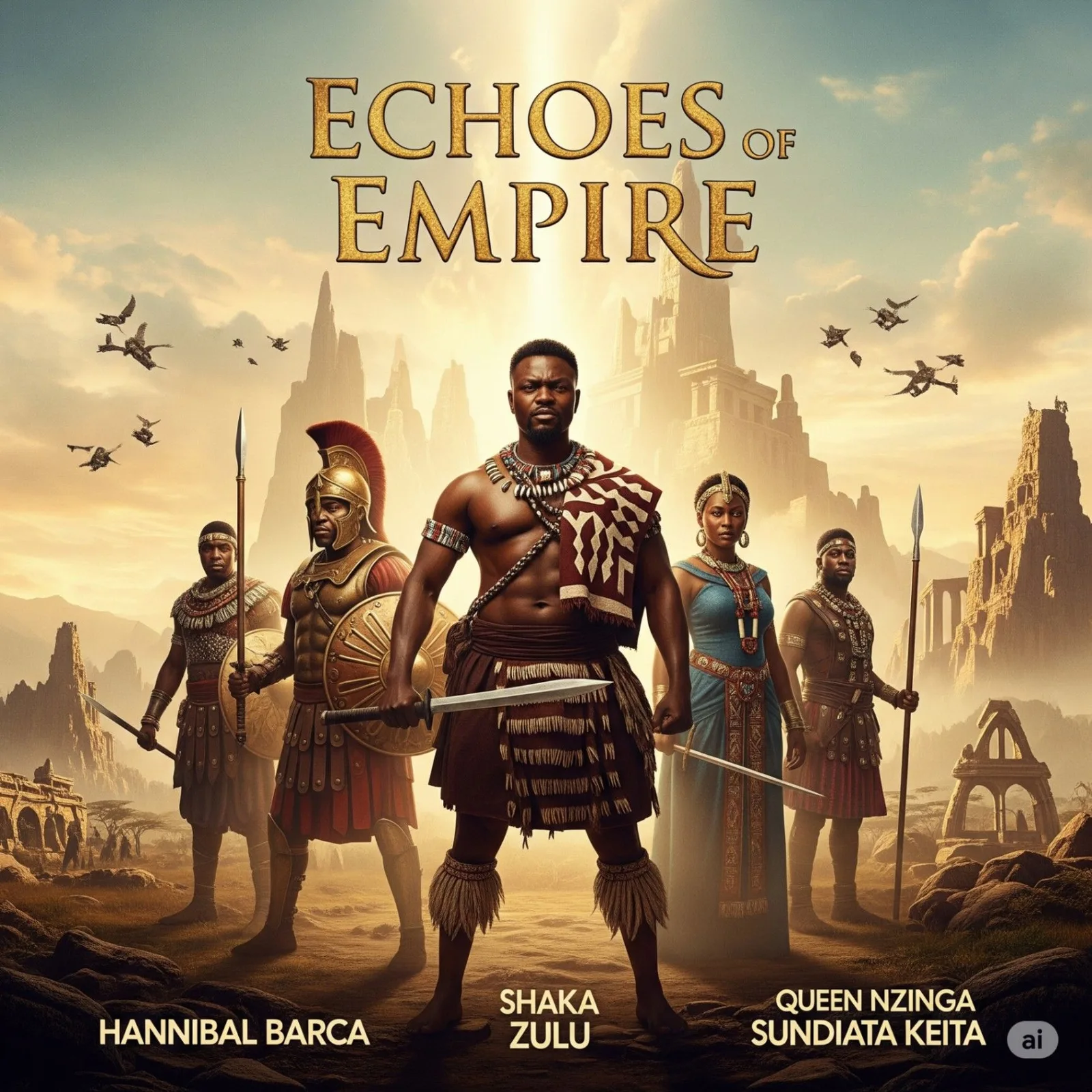 Echoes of Empire poster showing an armored ruler and warriors beneath a desert sky.