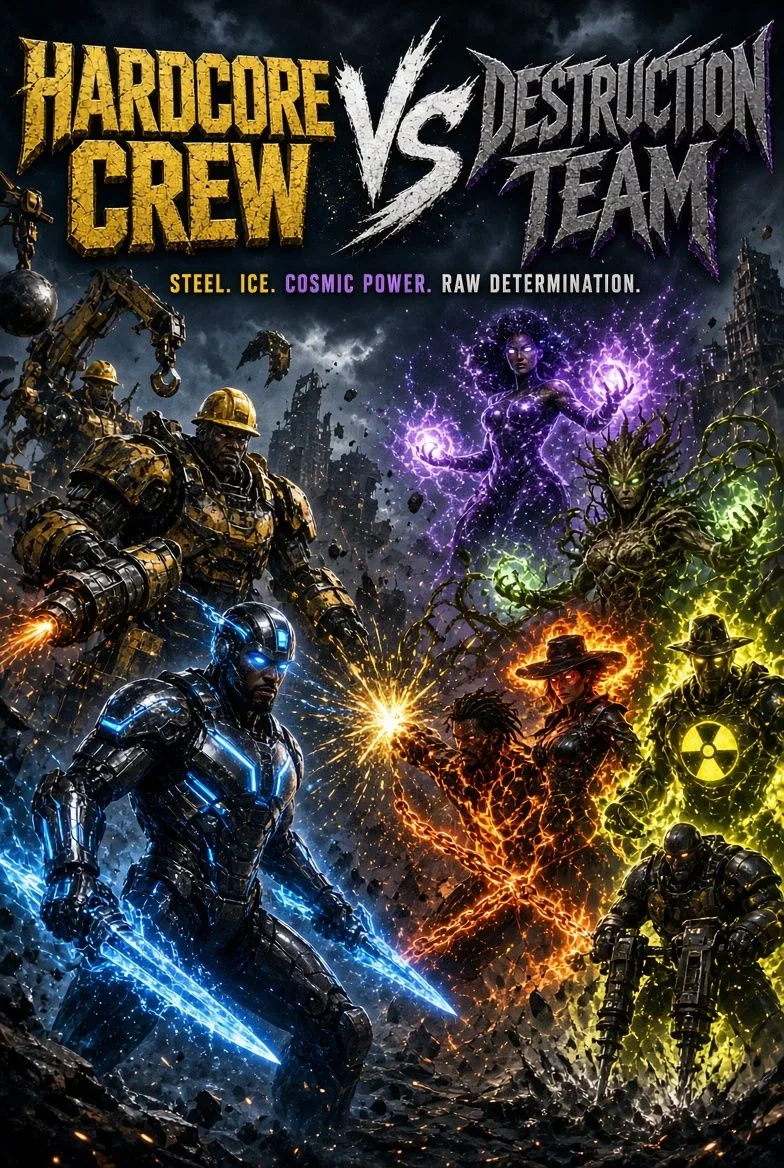 HARDCORE CREW VS. DESTRUCTION TEAM poster showing two opposing armored teams meeting in a burst of colored energy.