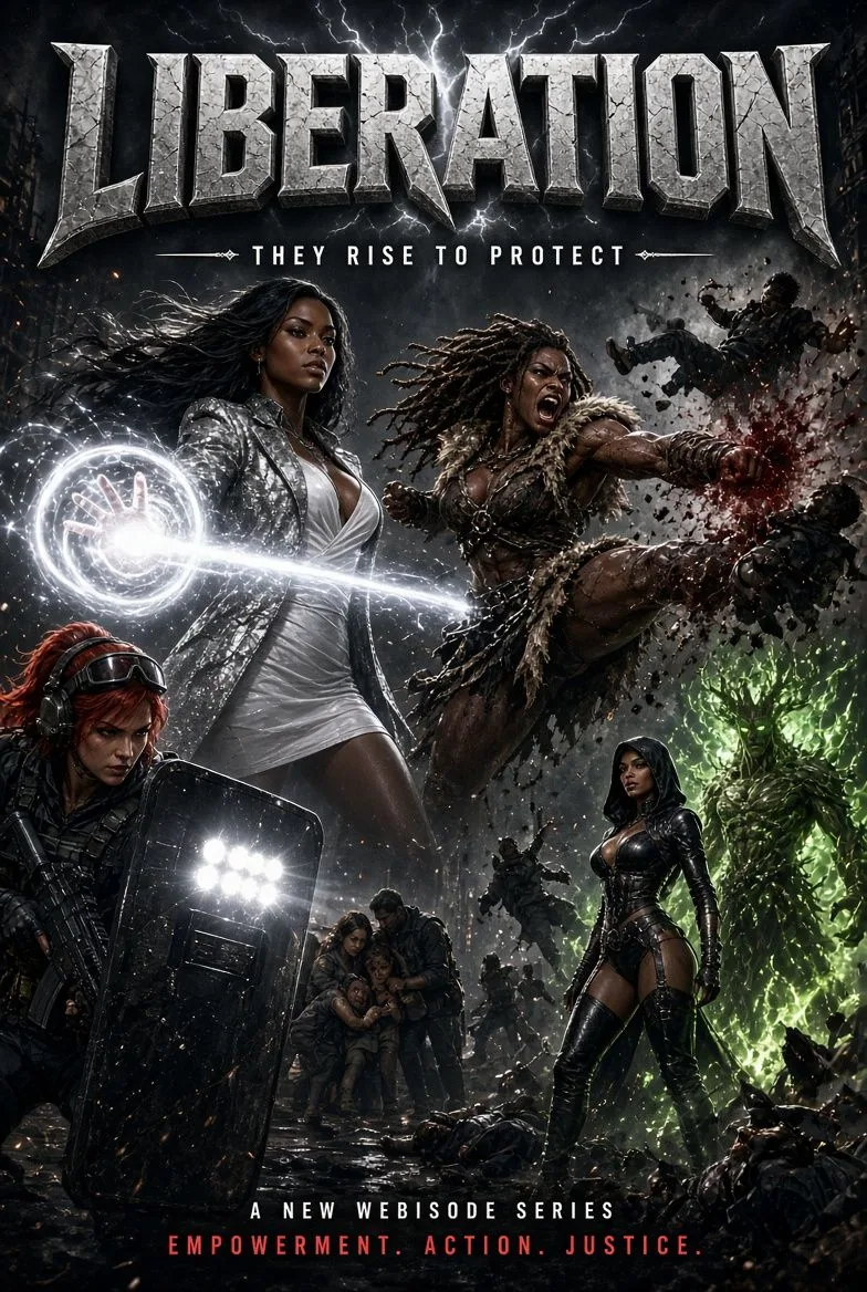 LIBERATION poster showing a group of determined heroes in a charged urban battle scene.