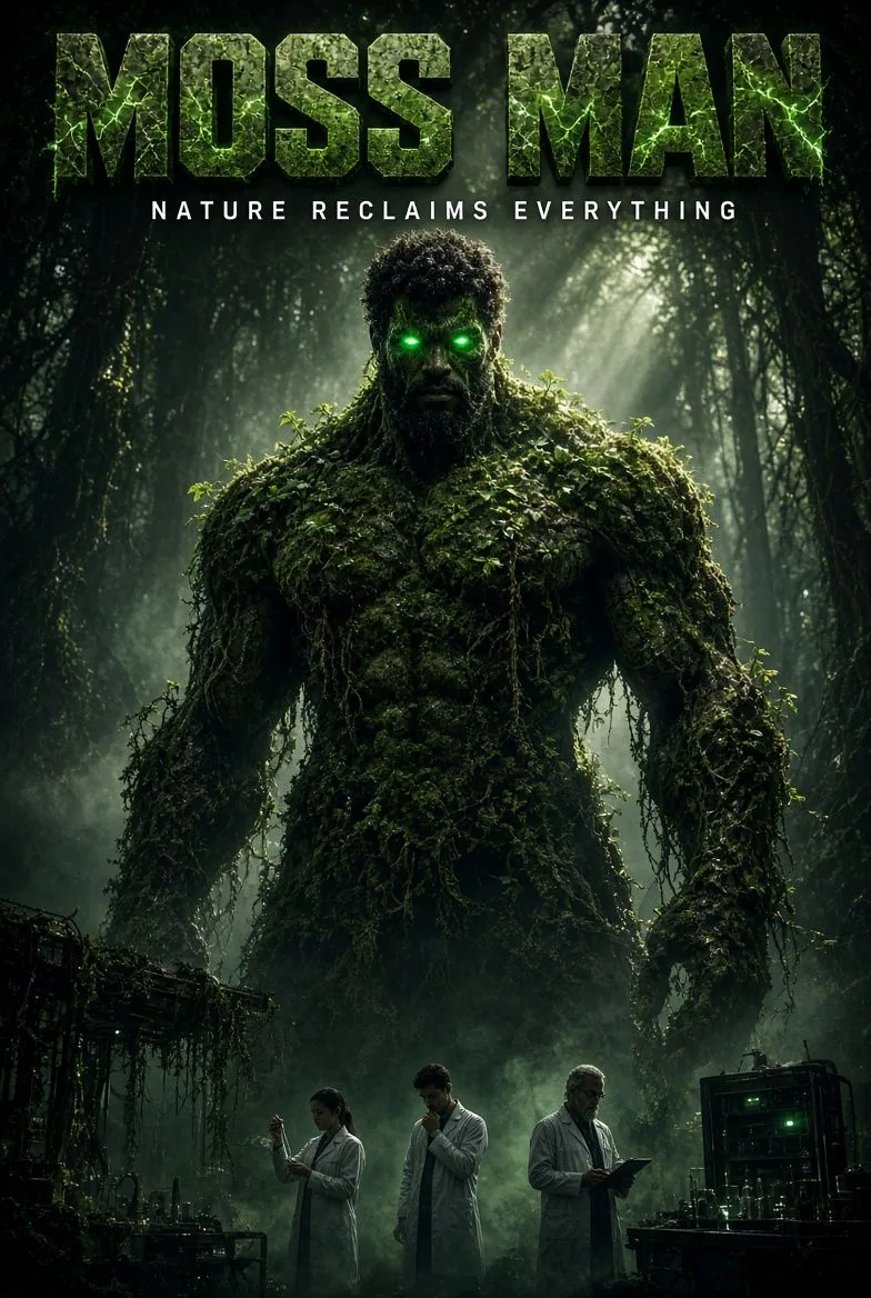 Moss Man poster showing a glowing green figure in a dark forest above a small group of people.