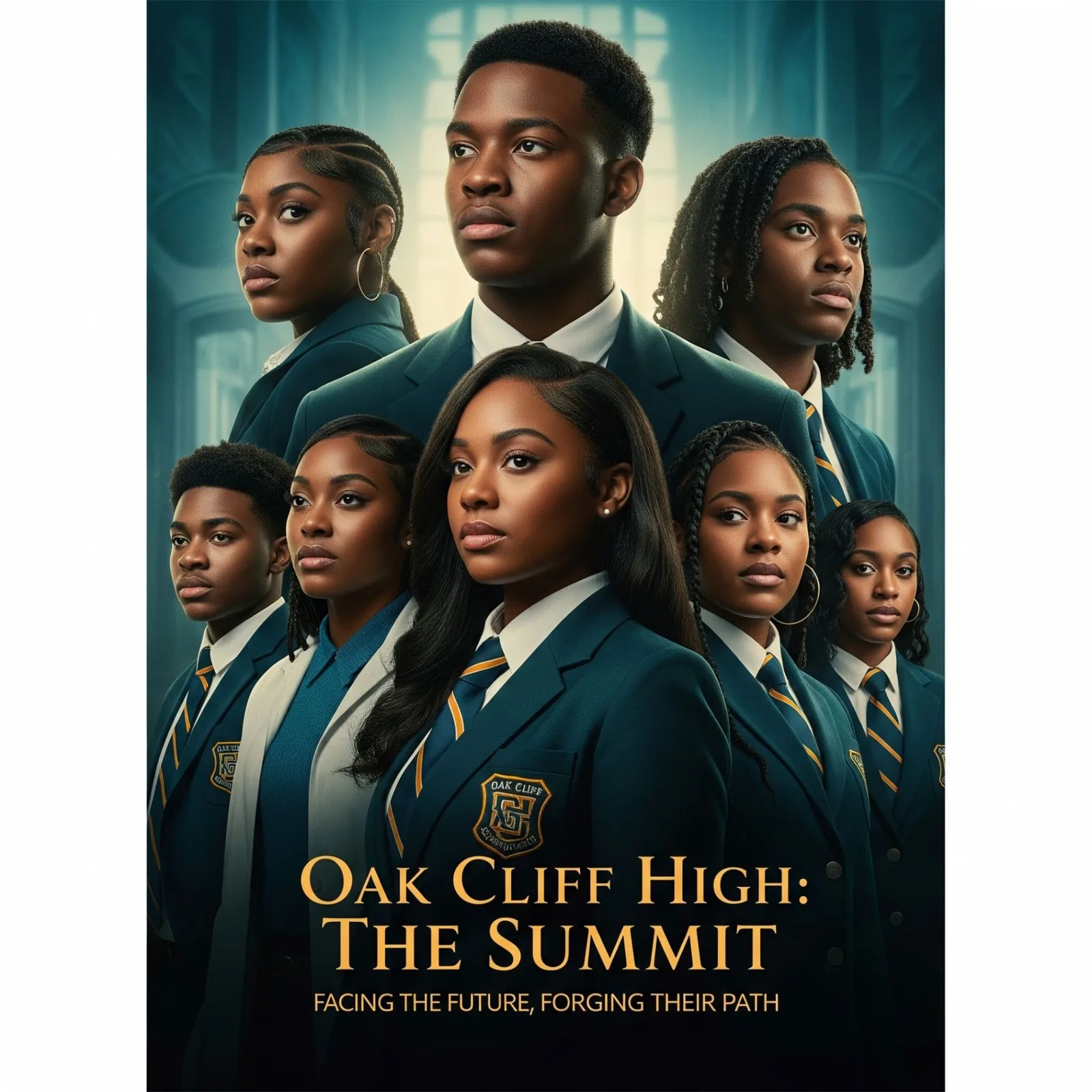 Oak Cliff High: The Summit poster showing a student ensemble in formal school attire.