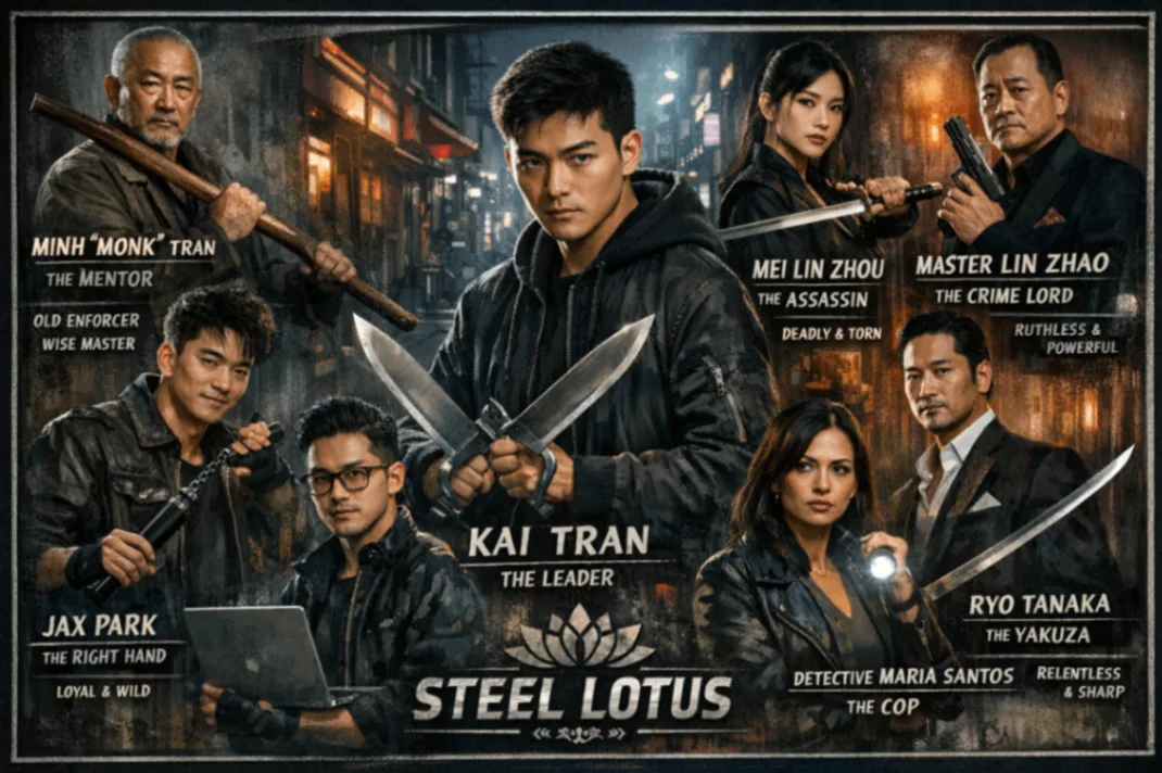 Steel Lotus poster showing martial-arts fighters posed around two central swordsmen.