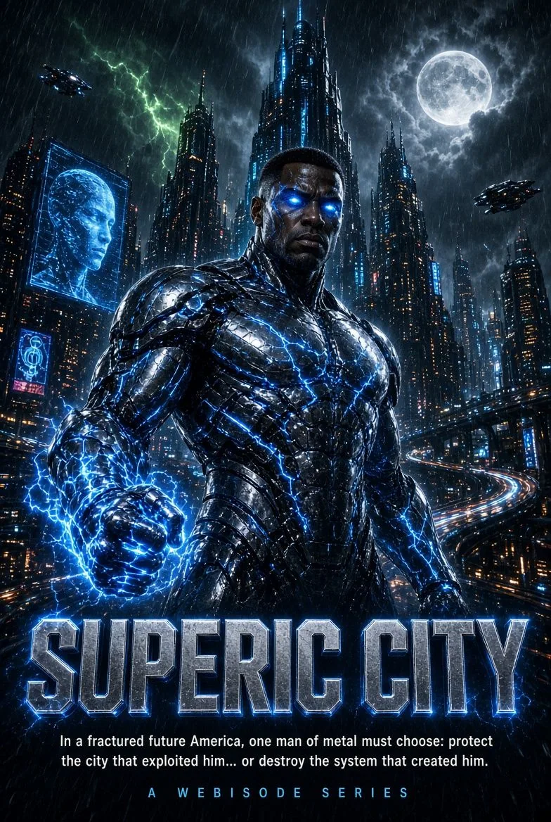 SUPERIC CITY poster showing a blue-lit superhero above a futuristic city skyline.