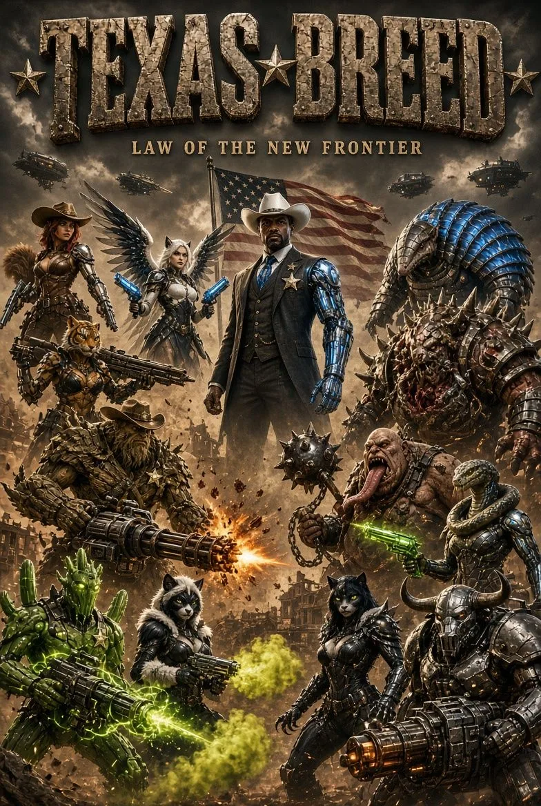 TEXAS BRED poster showing frontier characters and riders gathered across a rugged western landscape.