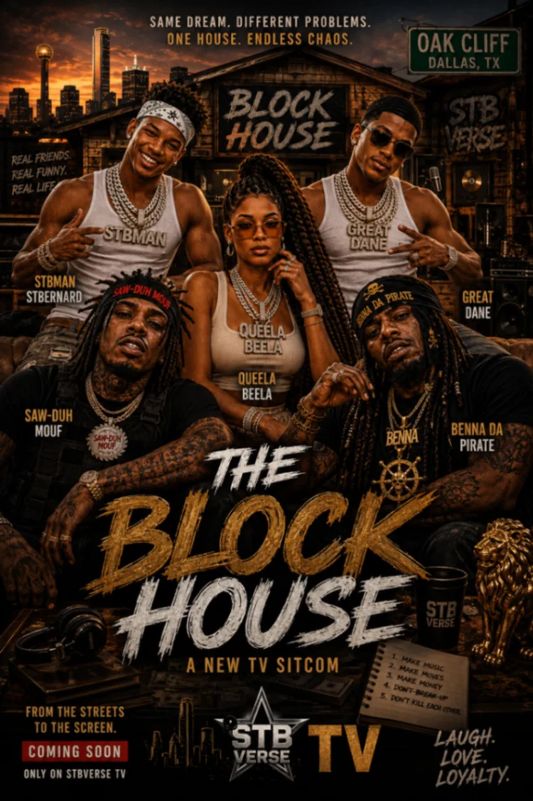 The Block House poster showing a group of neighbors gathered in a warm, comic ensemble scene.