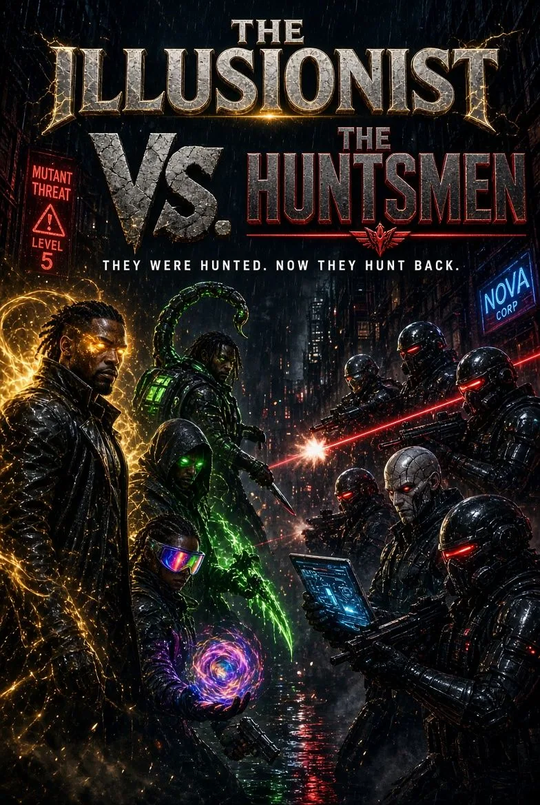 THE ILLUSIONIST VS. THE HUNTSMEN poster showing masked hunters facing a mysterious green-lit figure.