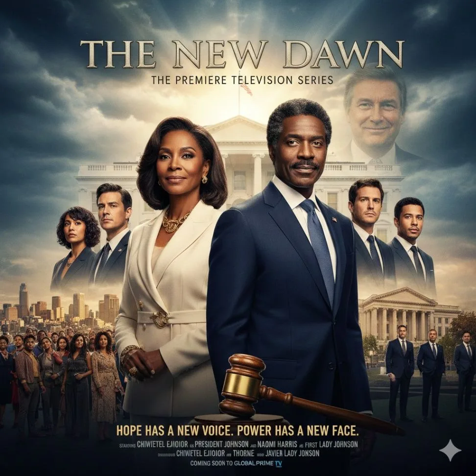 The New Dawn poster showing political leaders and an ensemble gathered before a government building.