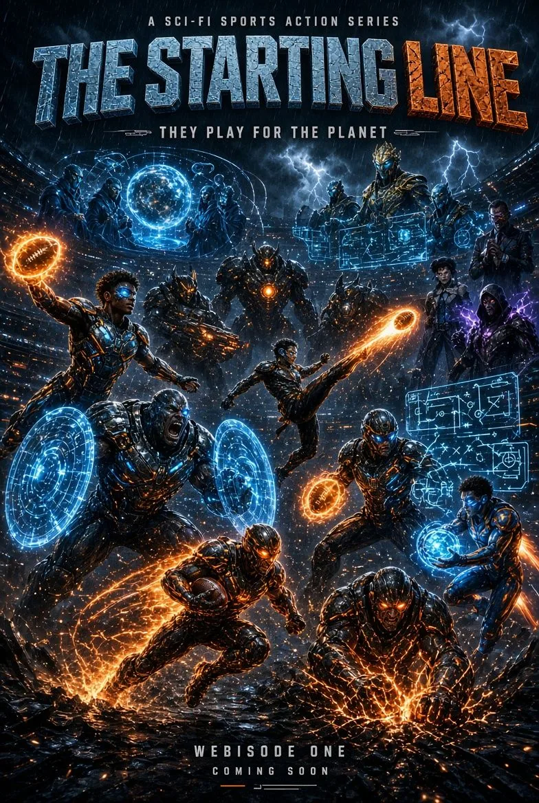 THE STARING LINE poster showing colorful futuristic athletes and energy shields beneath a starry sky.