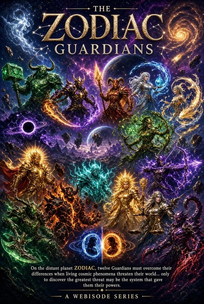 THE ZODIAC GUARDIANS poster showing a cosmic ensemble of colorful heroes and zodiac symbols.