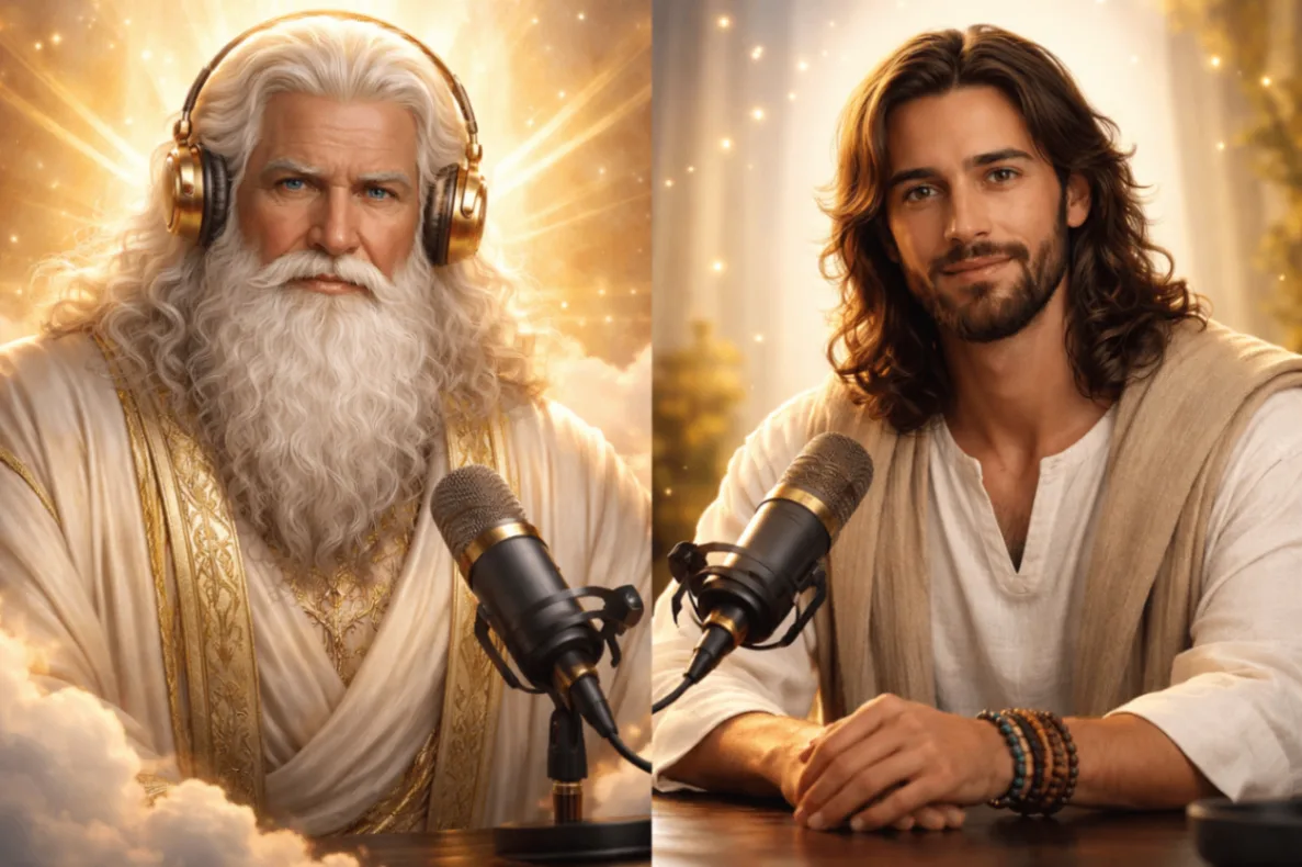Poster showing a white-haired elder and a younger man seated at microphones.