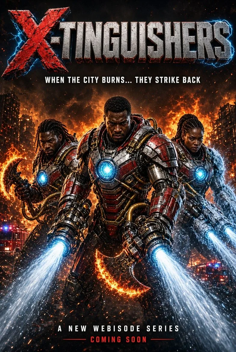 X-INGUISHERS poster showing armored defenders with bright thrusters facing a burning city.